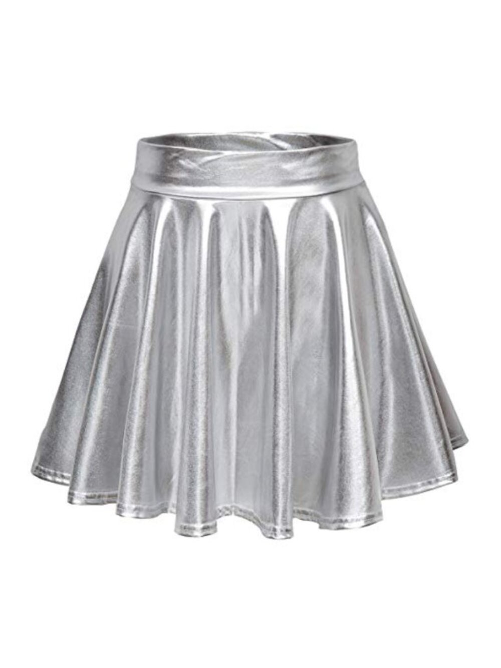 Metallic Wet Look Stretchy Flared Mini Skater Skirt - High Rise